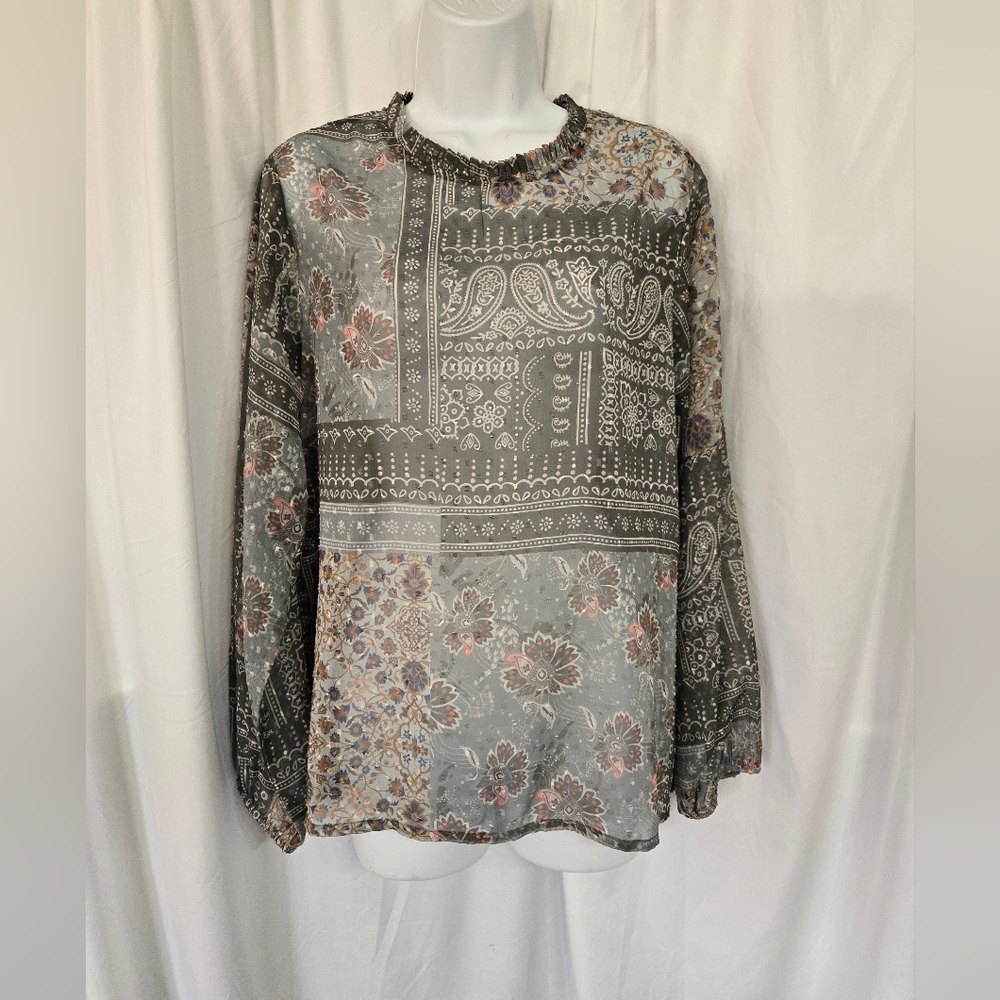 Cost Plus World Market Green/Cream Sheer Blouse/Top
